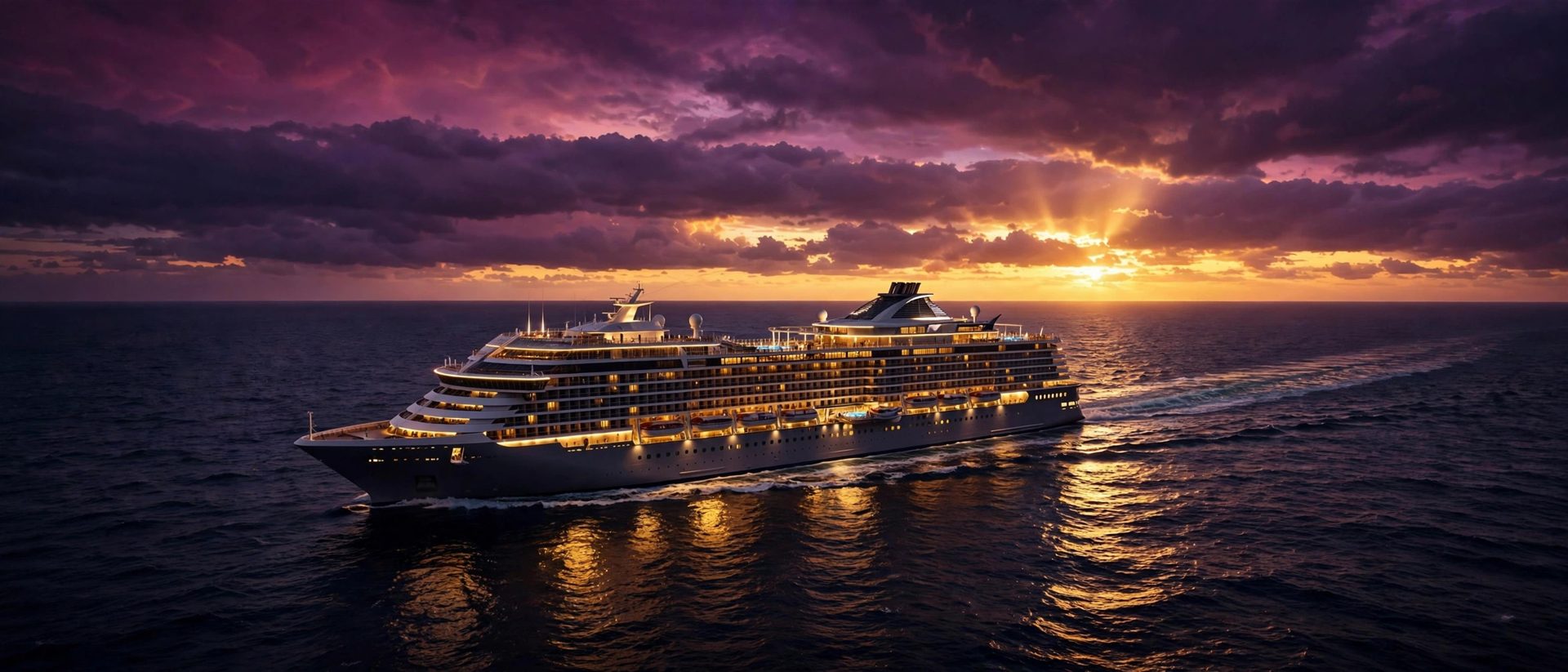 Cruise ship sailing into a golden sunset